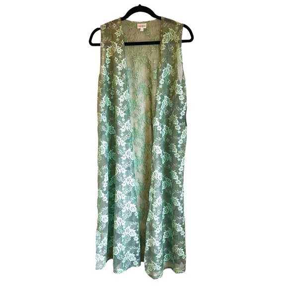 NWT LULAROE Green Lace Joy Long Sleeveless Cardigan Vest - Picture 1 of 9